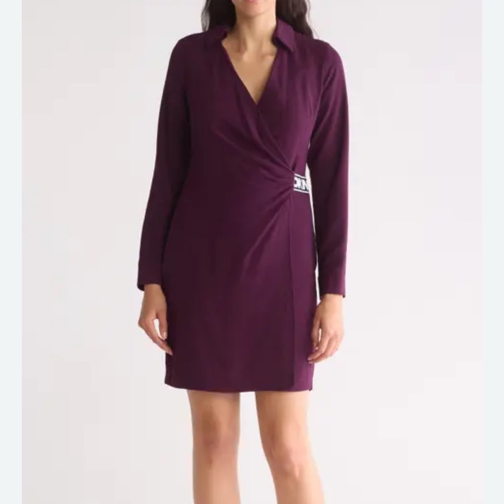 DKNY Long Sleeve Faux Wrap Dress in Raisin Size 4 NWT Cocktail Party Guest - Picture 2 of 8